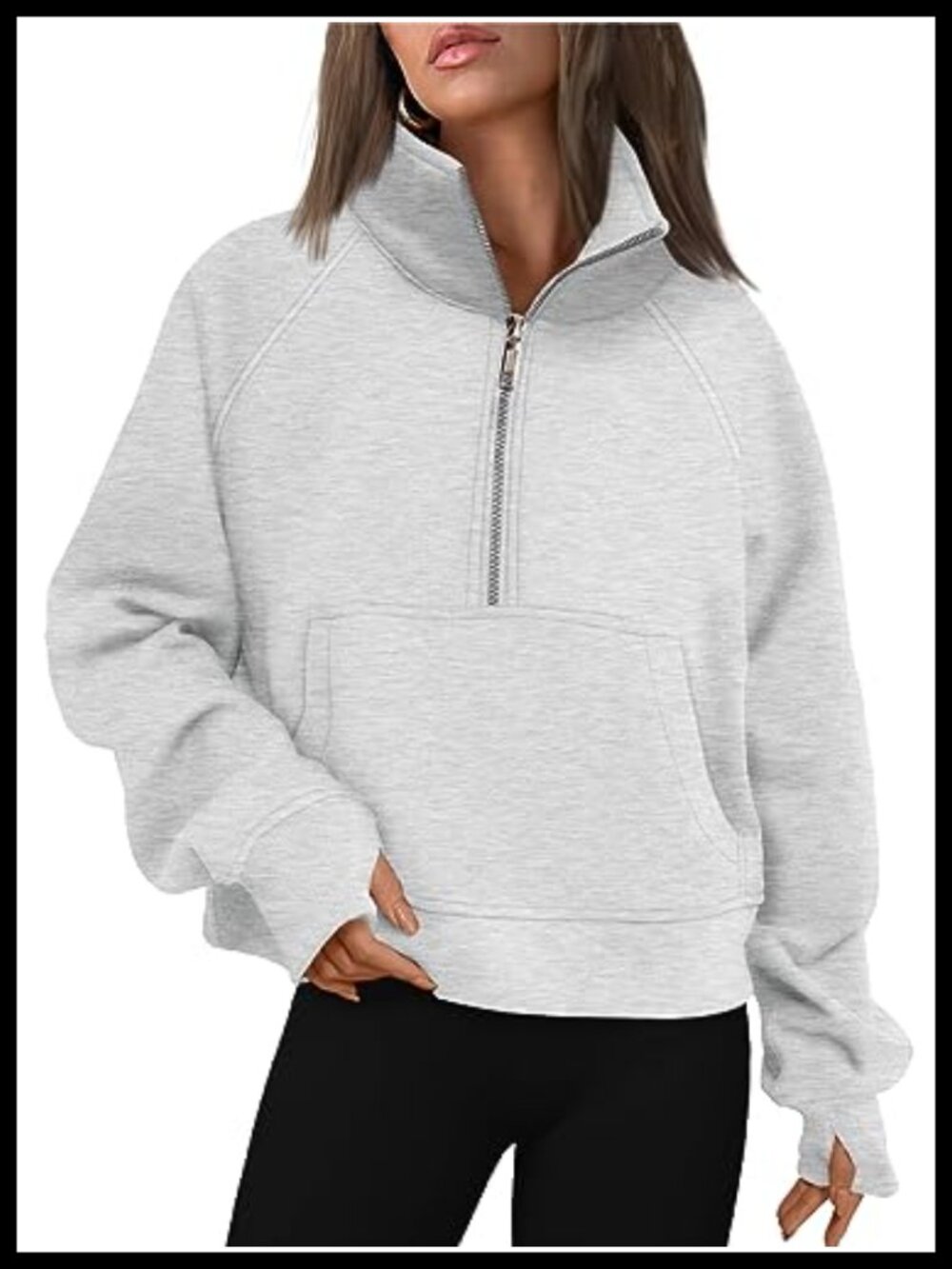 Half Zip Fleece Pullover Sweatshirt with Thumb Holes Kangaroo Pocket